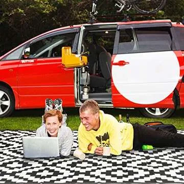 SAND MINE Waterproof Outdoor Rug 9x12 ft, Plastic Reversible Rug, Modern Area Rug, Large Floor Mat for Outdoors, RV, Patio, Backyard, Deck, Picnic, Beach, Camping (9' x 12', Black & White Lattice)