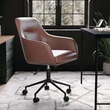 Martha Stewart Rayna Swivel Task Chair with Flared Arms for Home Office in Saddle Brown Faux Leather...