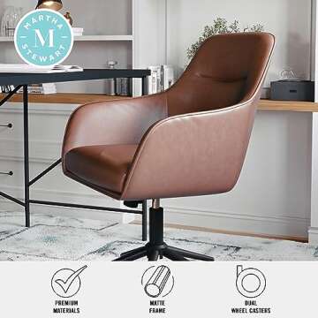 Martha Stewart Rayna Swivel Task Chair with Flared Arms for Home Office in Saddle Brown Faux Leather with Oil Rubbed Bronze Frame