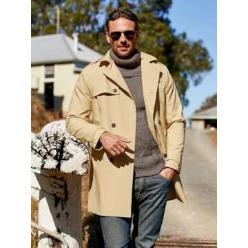 Gafeng Men's Trench Coat Slim fit Double Breasted Belted Windbreaker Lapel Long Jacket Casual Windpr...