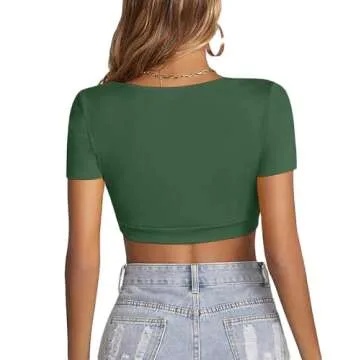 LYANER Women's Scoop Neck Short Sleeve Slim Fitted Sexy Summer Crop Top Tee Shirt Dark Green X-Large