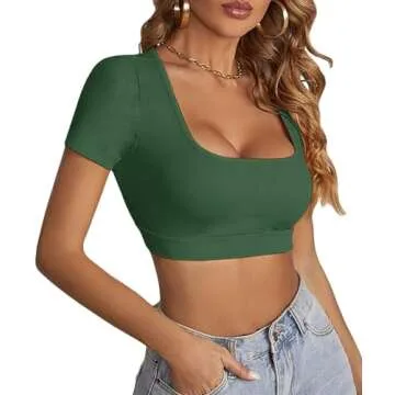LYANER Dark Green Scoop Neck Slim Fit Summer Crop Top