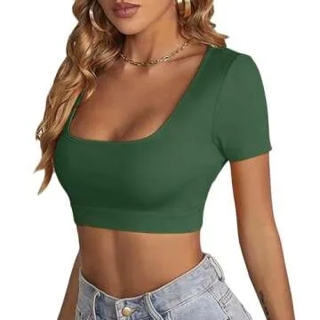 LYANER Dark Green Scoop Neck Slim Fit Summer Crop Top