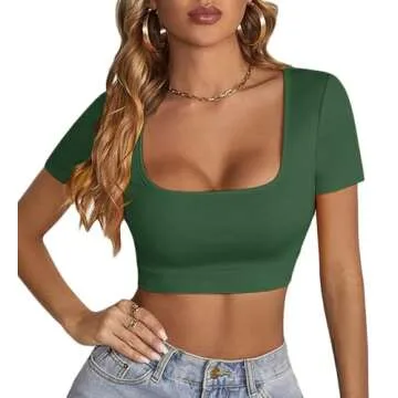 LYANER Dark Green Scoop Neck Slim Fit Summer Crop Top