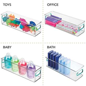 mDesign Plastic Stackable Food Storage Container Bin with Handles for Kitchen, Pantry, Cabinet, Fridge, Freezer - Long Narrow Organizer for Snacks, Produce, Vegetables, Pasta - 4 Pack - Clear/Blue