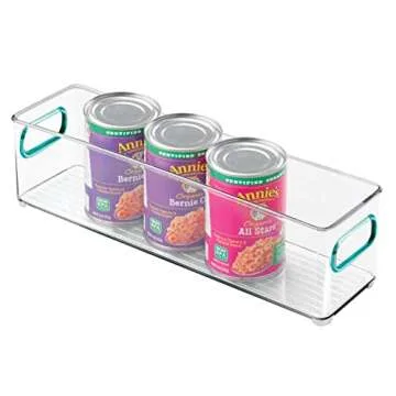 mDesign Plastic Stackable Food Storage Container Bin with Handles for Kitchen, Pantry, Cabinet, Fridge, Freezer - Long Narrow Organizer for Snacks, Produce, Vegetables, Pasta - 4 Pack - Clear/Blue