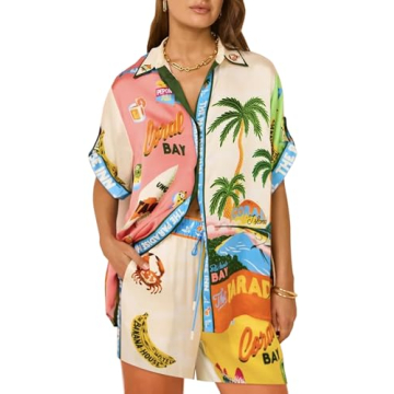 Peaceglad Women's Print 2 Piece Pajama Set Short Sleeve Button Down Tops Drawstring Shorts Loungewea...