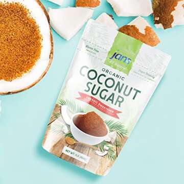 Jans Organic Coconut Sugar (16 Oz Pack of 1) - Organic Brown Coconut Sugar Derived from Fresh Coconuts, Non-GMO, Sourced from Sustainable Farms, Coconut Brown Sugar, Coconut Sugar Packets