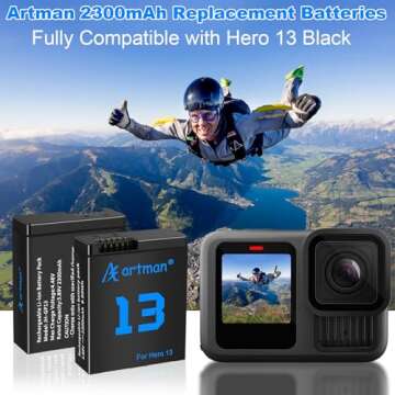 Artman Hero 13 Batteries 2300mAh 3-Pack for GoPro Hero13 Black, LCD 3-Channel Fast Charger Fully Com...