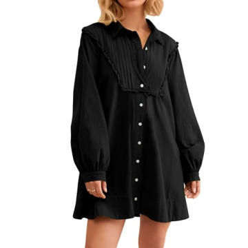 Burtell Women Flowy Long Puff Sleeve Mini Dress Casual Lapel Collar Button Down Babydoll Dress Solid...