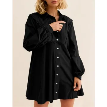 Burtell Women Flowy Long Puff Sleeve Mini Dress Casual Lapel Collar Button Down Babydoll Dress Solid A-line Tunic Shirt Dress Black