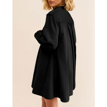 Burtell Women Flowy Long Puff Sleeve Mini Dress Casual Lapel Collar Button Down Babydoll Dress Solid A-line Tunic Shirt Dress Black