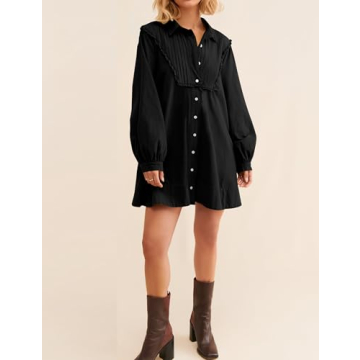 Burtell Women Flowy Long Puff Sleeve Mini Dress Casual Lapel Collar Button Down Babydoll Dress Solid A-line Tunic Shirt Dress Black