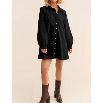 Burtell Women Flowy Long Puff Sleeve Mini Dress Casual Lapel Collar Button Down Babydoll Dress Solid A-line Tunic Shirt Dress Black