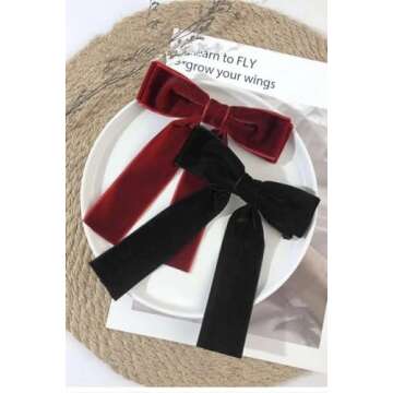 2Pcs Black And Red Velvet Hair Bow Hair Ties Bows For Women Clip Velvet Hair Ribbon Headband With Bo...