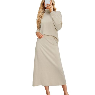 Arach&Cloz Womens Fall Two Piece Sweaters Skirts Sets Beige White Turtleneck Long Sleeve Tops Long D...