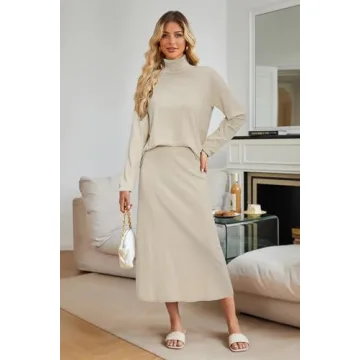 Arach&Cloz Womens Fall Two Piece Sweaters Skirts Sets Beige White Turtleneck Long Sleeve Tops Long Dress Casual 2024 Fashion Lounge Set Outfits Dressy Old Money Date Night Business(Apricot-M)