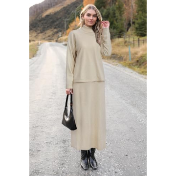 Arach&Cloz Womens Fall Two Piece Sweaters Skirts Sets Beige White Turtleneck Long Sleeve Tops Long Dress Casual 2024 Fashion Lounge Set Outfits Dressy Old Money Date Night Business(Apricot-M)