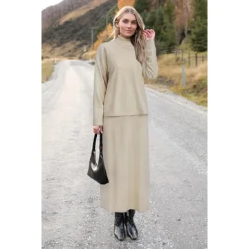 Arach&Cloz Womens Fall Two Piece Sweaters Skirts Sets Beige White Turtleneck Long Sleeve Tops Long Dress Casual 2024 Fashion Lounge Set Outfits Dressy Old Money Date Night Business(Apricot-M)
