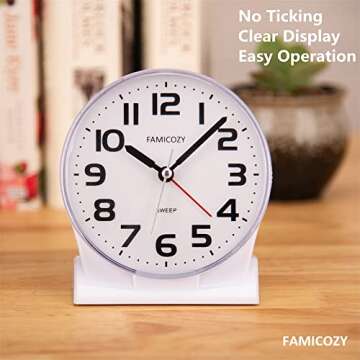 FAMICOZY 4.5" No Ticking Analog Alarm Clock,Silent Readable for Seniors,Easy to Set,Gradual Rise Ala...
