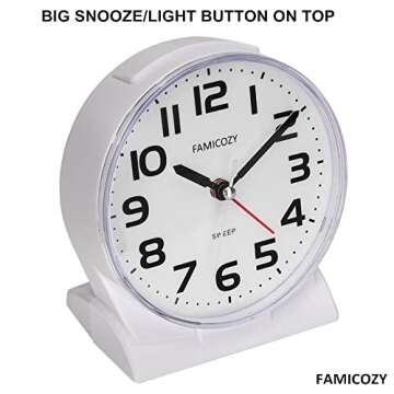 FAMICOZY 4.5" No Ticking Analog Alarm Clock,Silent Readable for Seniors,Easy to Set,Gradual Rise Alarm,Big Numbers,On/Off Switch on Side,Gentle Wake,Snooze Soft Backlight,Battery Operated,White