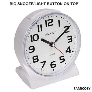 FAMICOZY 4.5" No Ticking Analog Alarm Clock,Silent Readable for Seniors,Easy to Set,Gradual Rise Alarm,Big Numbers,On/Off Switch on Side,Gentle Wake,Snooze Soft Backlight,Battery Operated,White