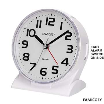 FAMICOZY 4.5" No Ticking Analog Alarm Clock,Silent Readable for Seniors,Easy to Set,Gradual Rise Alarm,Big Numbers,On/Off Switch on Side,Gentle Wake,Snooze Soft Backlight,Battery Operated,White
