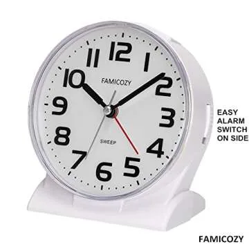 FAMICOZY 4.5" No Ticking Analog Alarm Clock,Silent Readable for Seniors,Easy to Set,Gradual Rise Alarm,Big Numbers,On/Off Switch on Side,Gentle Wake,Snooze Soft Backlight,Battery Operated,White