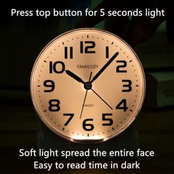 FAMICOZY 4.5" No Ticking Analog Alarm Clock,Silent Readable for Seniors,Easy to Set,Gradual Rise Alarm,Big Numbers,On/Off Switch on Side,Gentle Wake,Snooze Soft Backlight,Battery Operated,White