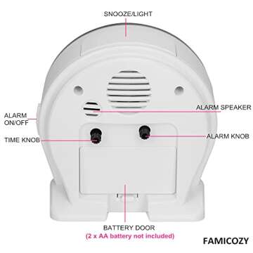 FAMICOZY 4.5" No Ticking Analog Alarm Clock,Silent Readable for Seniors,Easy to Set,Gradual Rise Alarm,Big Numbers,On/Off Switch on Side,Gentle Wake,Snooze Soft Backlight,Battery Operated,White