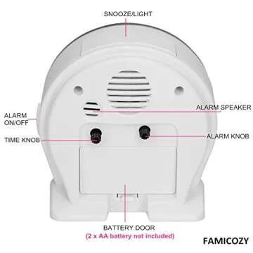 FAMICOZY 4.5" No Ticking Analog Alarm Clock,Silent Readable for Seniors,Easy to Set,Gradual Rise Alarm,Big Numbers,On/Off Switch on Side,Gentle Wake,Snooze Soft Backlight,Battery Operated,White