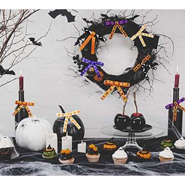 3/8" Halloween Ribbon for Gift Wrapping (10rolls, 50yds), Orange Ribbons for Crafts Wreaths with Spider Web Pumpkin Bat, Ribbon for Hair Bows Halloween Party Home Decor