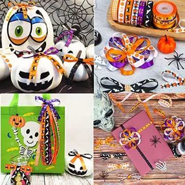 3/8" Halloween Ribbon for Gift Wrapping (10rolls, 50yds), Orange Ribbons for Crafts Wreaths with Spider Web Pumpkin Bat, Ribbon for Hair Bows Halloween Party Home Decor