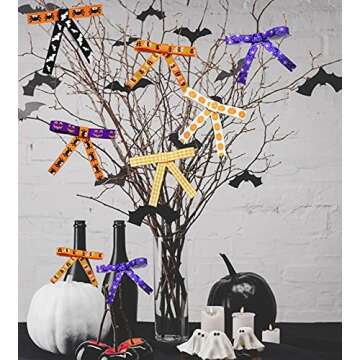 3/8" Halloween Ribbon for Gift Wrapping (10rolls, 50yds), Orange Ribbons for Crafts Wreaths with Spider Web Pumpkin Bat, Ribbon for Hair Bows Halloween Party Home Decor