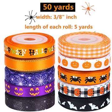 3/8" Halloween Ribbon for Gift Wrapping (10rolls, 50yds), Orange Ribbons for Crafts Wreaths with Spider Web Pumpkin Bat, Ribbon for Hair Bows Halloween Party Home Decor