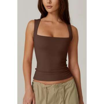 QINSEN Womens Tank Top Sleeveless Square Neck Casual Basic Fitted T- Shirts Brown M