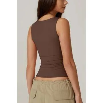 QINSEN Womens Tank Top Sleeveless Square Neck Casual Basic Fitted T- Shirts Brown M