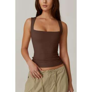 QINSEN Womens Tank Top Sleeveless Square Neck Casual Basic Fitted T- Shirts Brown M