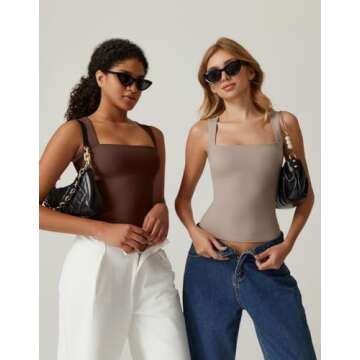 QINSEN Womens Tank Top Sleeveless Square Neck Casual Basic Fitted T- Shirts Brown M