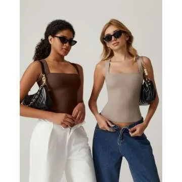 QINSEN Womens Tank Top Sleeveless Square Neck Casual Basic Fitted T- Shirts Brown M