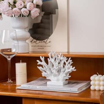 5.8"H White Coral Decor, Coral Reef Decor, Resin Coral Statue, Nautical Decorations for Home, Bedroom Wedding, Bathroom, Living Room, Beach/Coastal/Ocean Themed Cabinet Shelf Tabletop Decor