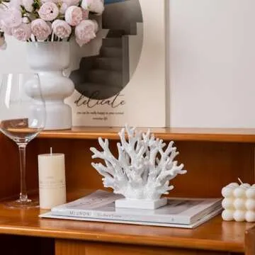 5.8"H White Coral Decor, Coral Reef Decor, Resin Coral Statue, Nautical Decorations for Home, Bedroom Wedding, Bathroom, Living Room, Beach/Coastal/Ocean Themed Cabinet Shelf Tabletop Decor