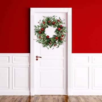 WreathDream Artificial Christmas Wreath Winter Wreath with Holly Leaves,Red Bell for Front Door Indo...