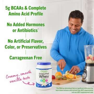 Orgain Whey Protein Powder, Vanilla Bean- 21g Grass Fed Dairy Protein, 5g BCAAs, 3g Prebiotic Fiber, No Sugar Added, No Added Hormones, Gluten Free, Kosher, For Shakes & Smoothies - 1.82lb