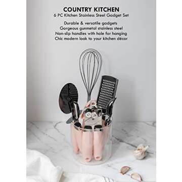 Country Kitchen 6 Pc Essentials Kitchen Stainless Steel Gadget Set Black Gun Metal with Soft Touch P...