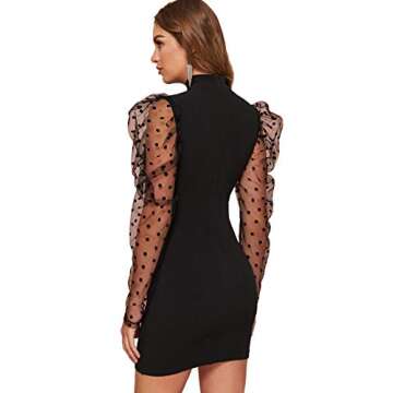 Romwe Women's Elegant Polka Dots Mesh Puff Sleeve Dress - Black X-Large
