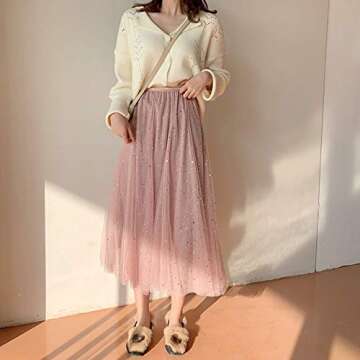 Elegant Long Tutu Skirt with Sequins for Women - Pink
