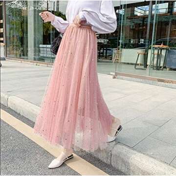 Elegant Long Tutu Skirt with Sequins for Women - Pink