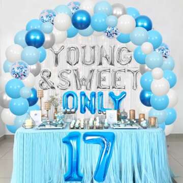 Sursurprise 17th Birthday Decorations for Girls, Young and Sweet Only 17 Balloon Garland Arch Kit Blue Silver, Dancing Queen 17 Party Supplies