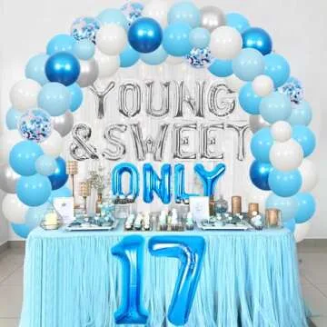 Sursurprise 17th Birthday Decorations for Girls, Young and Sweet Only 17 Balloon Garland Arch Kit Blue Silver, Dancing Queen 17 Party Supplies